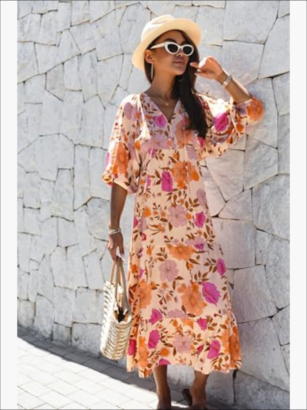 Womens V Neck Floral Midi Dress Pink Boho Hippie Flowy Beachy Vaca Bloomcore - Picture 2 of 3